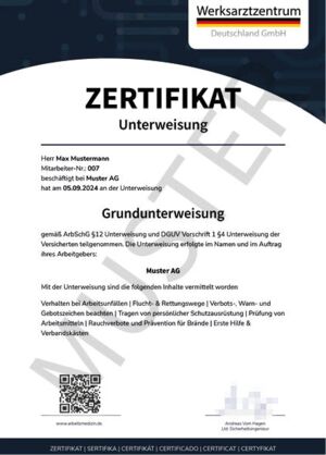 Musterzertifikat für digitale Sicherheitsunterweisungen nach ArbSchG und DGUV Musterzertifikat für digitale Unterweisungen nach ArbSchG und DGUV als PDF-Download