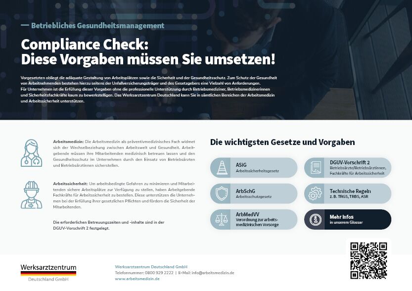 Flyer - Compliance Check zum Betrieblichen Gesundheitsmanagement Abbildung eines Compliance Check Flyers zum Betrieblichen Gesundheitsmanagement - Vorgaben die Sie als Unternehmer umsetzen sollten