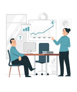 Grafik mit zwei Personen, die an einem Schreibtisch stehen und sitzen und sich über Umsatzsteigerungen unterhalten.