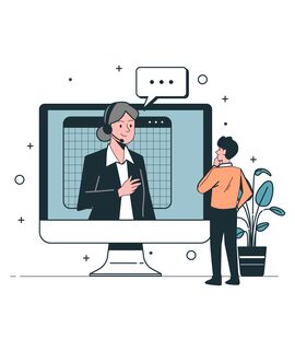 Eine Grafik einer Person mit Headset in einem Computer. Davor steht eine andere Person, sie scheinen sich zu unterhalten.