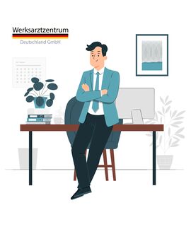 Grafik eines Mannes, der mit verschränkten Armen an einem Schreibtisch lehnt
