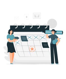 Eine Grafik von zwei Menschen mit einem riesigen Stift vor einem riesigen Kalender.