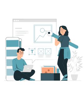 Grafik von zwei Designern mit einem großen Stift, einem Laptop und verschiedenen Designelementen.