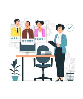 Eine Grafik einer Frau, die neben einem Schreibtisch steht. In Denkblasen die Profile von drei Personen, mit Sternchen zur Bewertung.