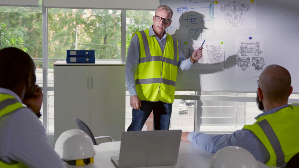 Ein Mann in Arbeitsschutzkleidung erklärt anderen Männern etwas an einer Tafel.