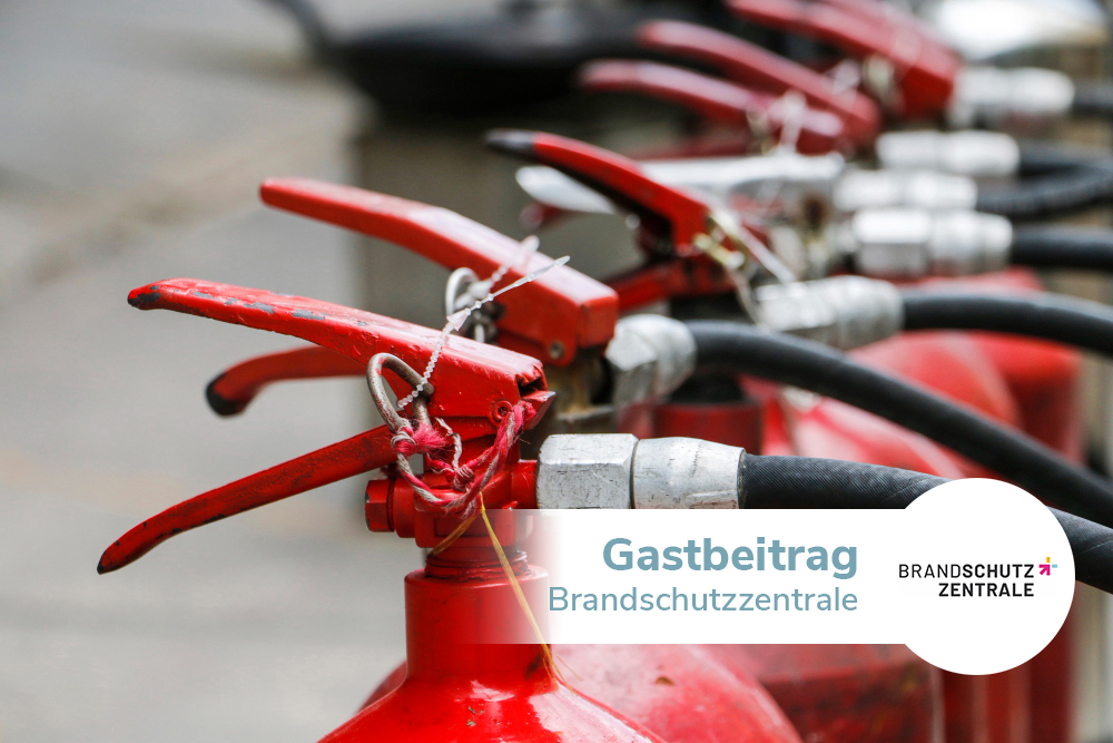 Fotos von vielen roten Feuerlöschern in einer Reihe