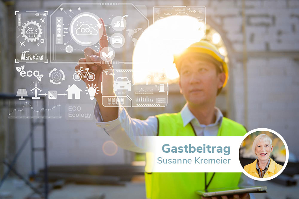 Ein Foto von einer Person mit Warnweste, die auf einem Display rumtippt. Im Vordergrund steht "Gastbeitrag von Susamme Kremeier" mit einem Foto von ihr. Eine sympathisch lächelnde Frau in einem gelben Blazer.