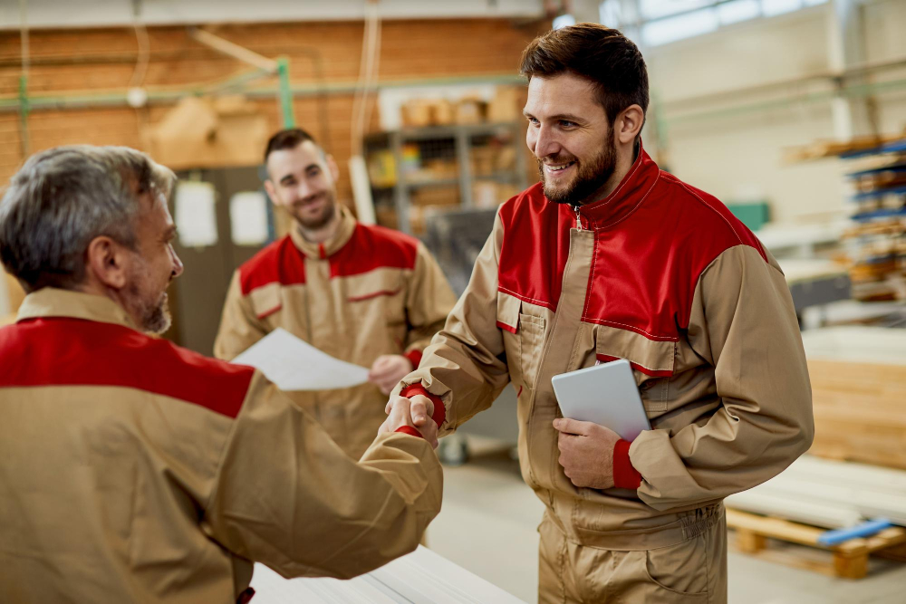 Zwei Männer in Arbeitskleidung geben sich in einer großen Holzwerkstatt die Hand.