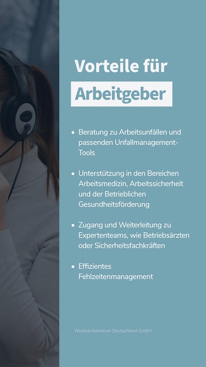 Abbildung der Vorteile für Arbeitgeber: Beratung zu Arbeitsunfällen, Unterstützung zu Arbeitssicherheit, Arbeitsmedizin und der betrieblichen Gesundheitsförderung, Zugang und Vermittlung zu Expertenteams, Effizientes Fehlzeitenmanagement