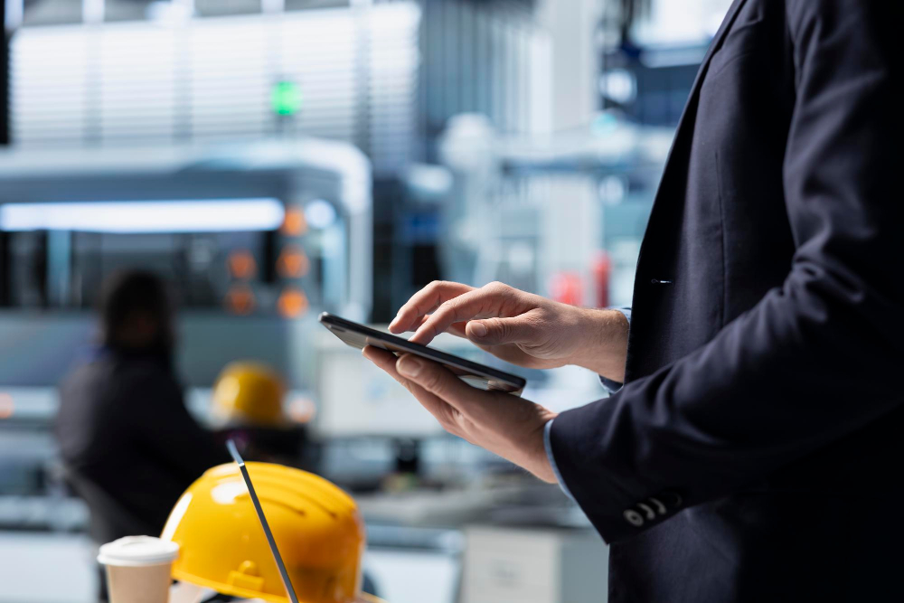 Ein stehender Mann mit einem Anzug notiert etwas auf seinem Tablet. Unter ihm auf dem Tisch liegen ein Laptop, ein gelber Schutzhelm und ein Kaffeebecher Im Hintergrund sieht man eine arbeitende Frau.