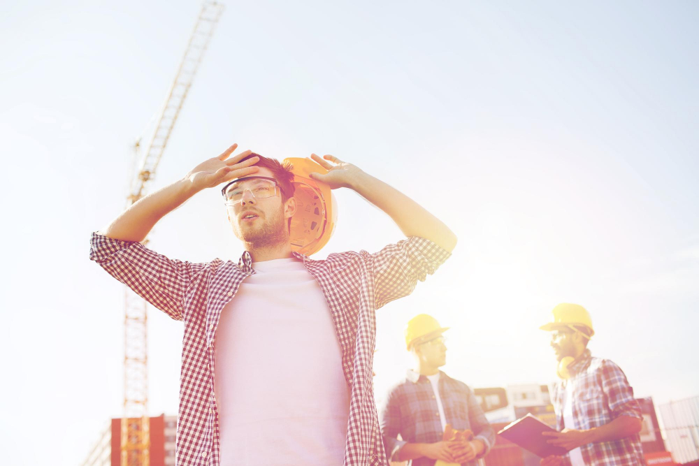 Drei Bauarbeiter auf einer Baustelle. Der Mann im Vordergrund nimmt seinen Schutzhelm ab und zeigt, dass ihm sehr warm ist. Die Sonne scheint.