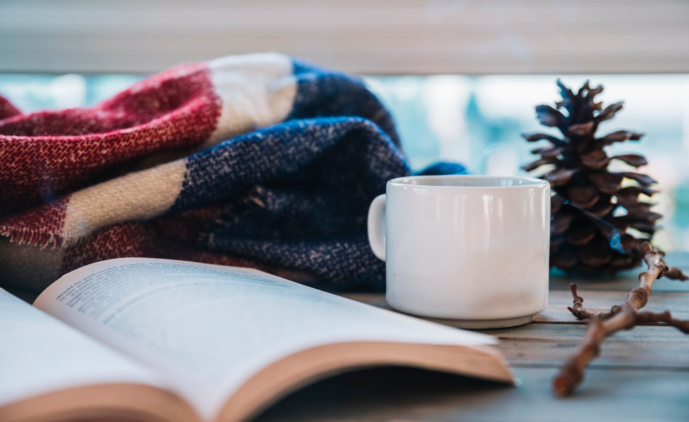 Ein Foto auf dem ein offenes Buch zu sehen ist, ein Schal liegt dahinter und eine Tasse steht daneben. Im Hintergrund befindet sich ein Tannenzapfen vor einer Fensterscheibe.